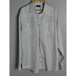 Stantt Shirt Mens XL White Navy Brown‎ Graph Check Long Sleeve Cotton Button Up